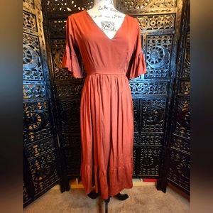V Neck Midi Summer Bojo Brick Red Dress